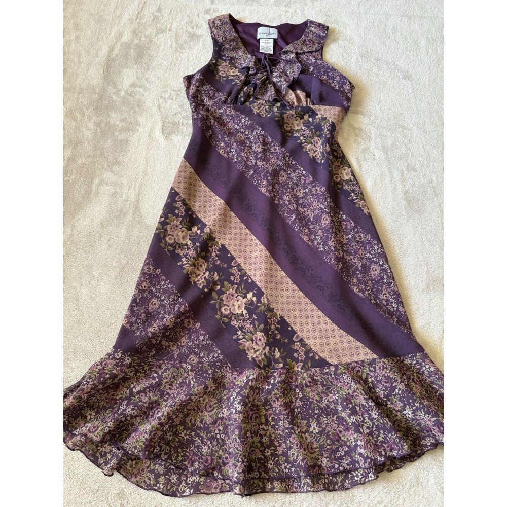 Vintage Breakin' Loose Women's 9-10 Purple Cottage Core Midi Floral Dress‎